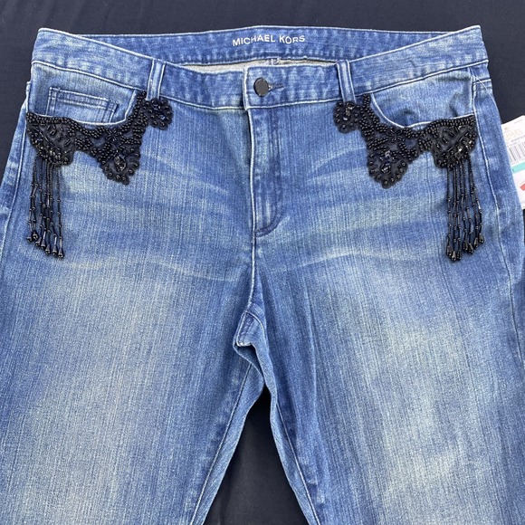 Michael Kors Denim - Michael Kors Blue Skinny Jeans Mid Rise Bead Embroidered Women's 16 Vintage Wash